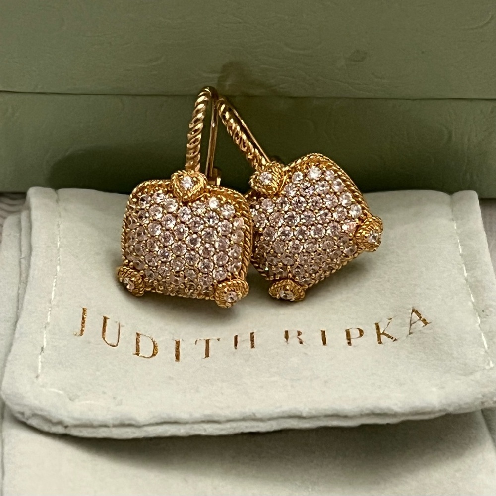 Judith Ripka Pave Diamonique Gold Clad Leverback Earrings Olivia - Picture 2 of 4